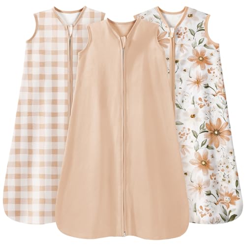 Image of Baby Sleep Sack 0-6 Months Summer Sleep Sack 3 Pack 100% Cotton Baby Sleep Bag Wearable Blanket for Newborn Infant Orange Flowers & Plaid