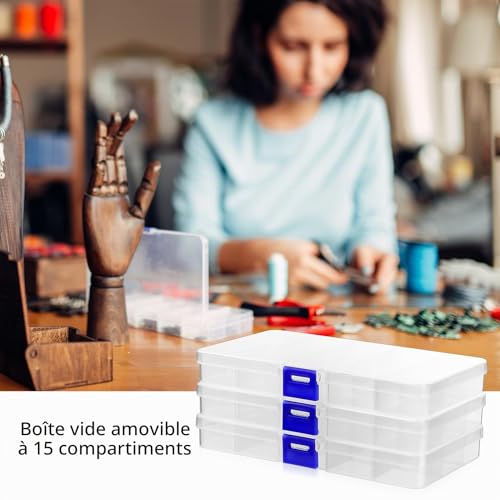3 Pièces Petite Boite Rangement Plastique, Boîte de Rangement avec Compartiments, 15 Grilles Petite Boite Plastique Transparent avec Séparateurs Réglables, pour Petits Objets Perles Boulons Bijoux – vue 6