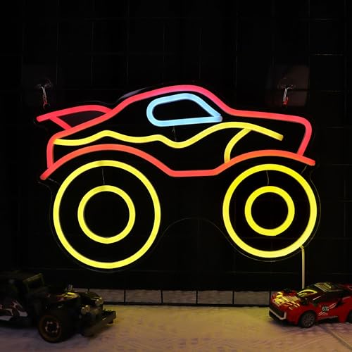 Image of CoolGift Mart Monster Truck Neon Light, Dimmable LED Truck Neon Wall Sign USB Powered with 4-Color Lights, for Bedroom Living Room Game Room Man Cave Home Birthday Gift for Boys Men
