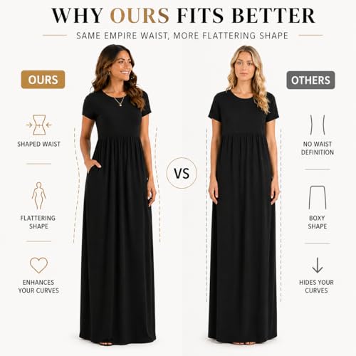 Image of AUOMITH Women's 2026 Summer Short Sleeve Empire High Waist Long Maxi Dress with Pockets