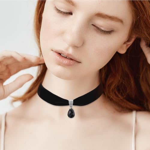 Telooco Schwarz Samt Trachtenkette Damen Halskette mit Anhänger Kropfband Breit Tropfen Choker Verstellbarer 90er Jahre Halsband für Feiertagsparty Cosplay Halloween