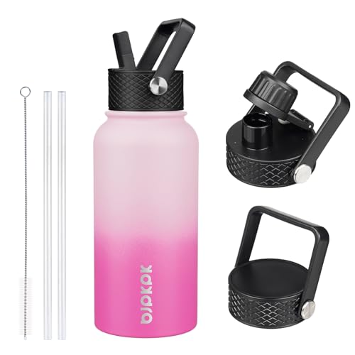 Image of BJPKPK Insulated Water Bottles with Straw Lid, 27oz Stainless Steel Water Bottle with 3 Lids, Leak Proof BPA Free Metal Thermo, Mugs, Tumblers, Keep Cold Hot - Cherry