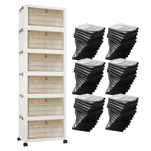 GLOMAXLY 6 Tier DVD Storage Cabinet with Wheels, Stackable Plastic CD Storage Bins with Doors and Lids, Foldable Media Storage Organizer for DVD, CD, Blu Ray, Video Game Discs, Home Office Living Room