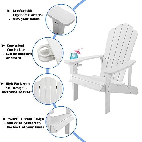 Homehua Hard Plastic Adirondack Chair Weather Resistant With Cup Holder, Imitation Wood Stripes, Easy To Assemble & Maintain, Outdoor Chair For Patio, Backyard Deck, Fire Pit & Lawn Porch - White #TOP2
