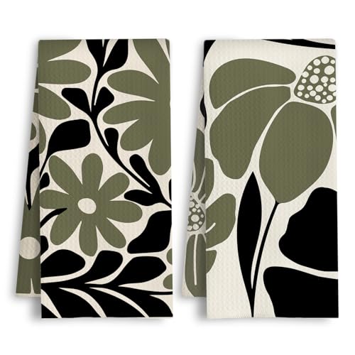 HSIASHENG ArtisaEura Abstract Boho Dark Green and Black Floral Kitchen Towels, Mid Century Modern Boho Botanical Dish Tea Hand Towels for Kitchen Bathroom Decor, 16x24 Inch Set of 2