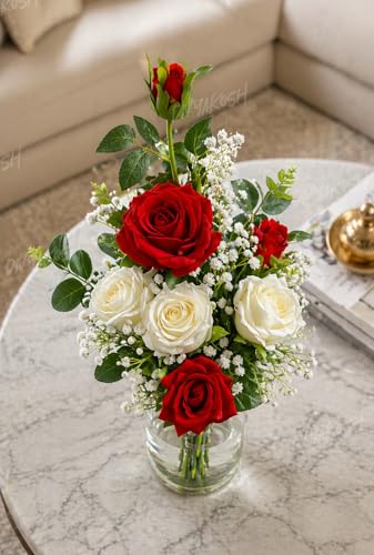 Image of Divyakosh Artificial Flowers for Home Decoration, Flora for Decor | Artificial Flowers for Vase (VASE NOT Included) Decorative Items for Living Room, Artificial Flowers Bunch 7 Roses (Red & White) |