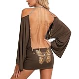 Women's Halter Backless Dress Sparkly Butterfly Sequins Chain Long Sleeve Criss Cross Bodycon Party Club Outfit Mini Dress