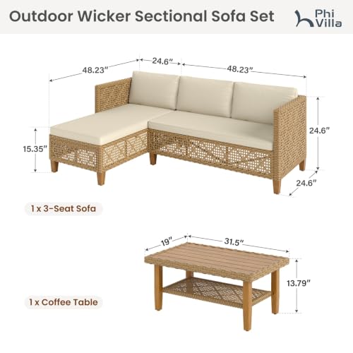 Image of PHI VILLA Outdoor Sectional Couch, Wicker Patio Furniture Set with Acacia Wood Coffee Table, L-Shape Small Outdoor Conversation Corner Sofa Set for Deck Porch, Beige