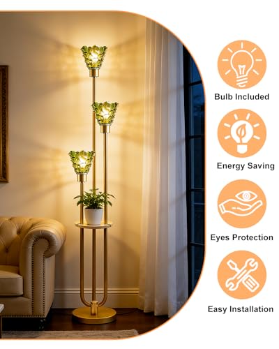 Image of 3-Light Modern Glass Floor Lamp with Shelf, Gold Tall Standing Lamp with Green Flower Glass Shade, LED Floor Lamp with Foot Switch& 5Lbs Heavy Base for Living Room Bedroom, Bulb Included