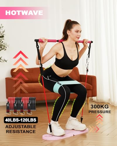 HOTWAVE Portable Exercise Equipment with 16 Gym Accessories.Resistance Bands with Fitness Squat Bar&Ab Wheel,Pilates Workout at Home