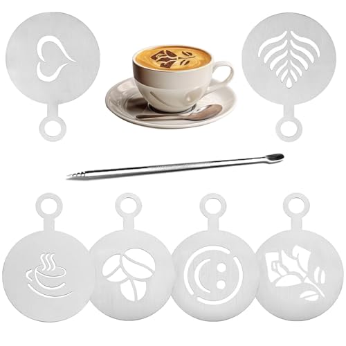 Aiyraa 6 Stück Kaffeeschablone Edelstahl Set, Cappuccino Barista Schablonen Kakao Dekorations Schablone Kaffeezubehör, Tortenschablone, Kaffee Schablonen für Dekorieren von Kaffee, Kuchen, Waffeln