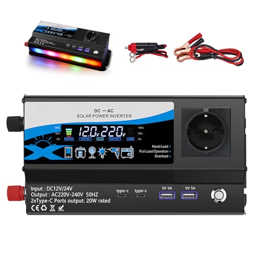 Inversor 1200W 12V/24V a 220V, Convertidor de Corriente para Coche con 2 Tomas AC, 2 USB & 2 Type-C, Mechero y Pantalla LED, para Autocaravana Camping