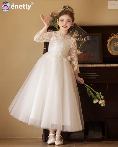 Long Sleeve Flower Girl Dresses for Wedding Tulle Floral Applique First Communion Dress for Girls2