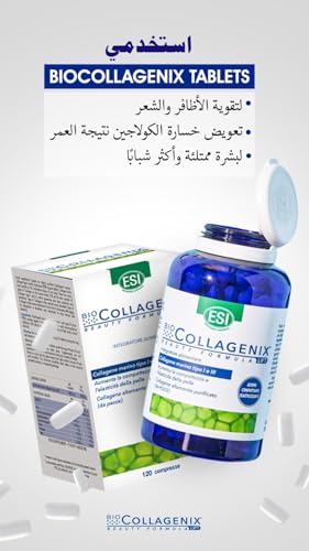 ESI - Biocollagenix, Antiage suplement żywności na bazie kolagenu morskiego o wysokiej dawce, daje zwartą skórę i elastyczność twarzy, bezglutenowe i testowane dermatologicznie, 120 tabletek