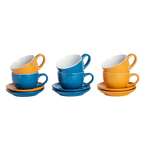 Argon Tableware 12 Piece Coloured Cappuccino Cup & Saucer Set - Modern Stoneware Tea & Coffee Cups - 250ml - Blue/Yellow