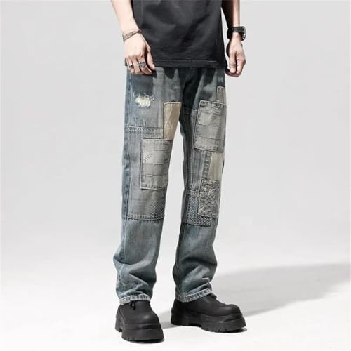 Men’S Fashionable Loose Fit Straight Leg Patchwork Denim Pants Button Fly Midweight Ankle Length Casual Jeans2