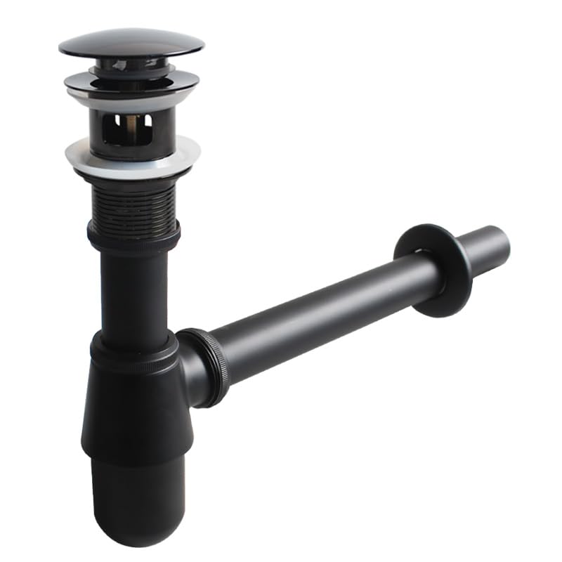 Brass Chroming PVD Black Color Finish Washbasin Drain Stopper Kit,P Trap Drain Hard Tube Assembly with Pop-up Washbasin Drainer for Bathroom(with Overflow),Z5157C001