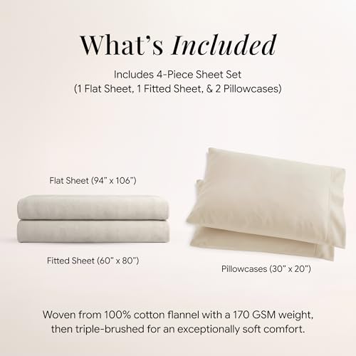 Image of Tribeca Living Triple Brushed Soft Cotton Flannel Sheets Set, Queen Size 170-GSM Weight Extra Deep Pocket Sheet in Solid Ivory Color