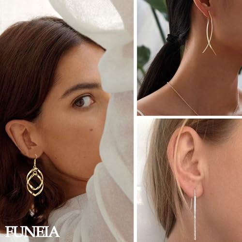 FUNEIA 6 Pairs Drop Dangle Earrings for Women Long Bar Double Twist Wave Curved Threader Cut Out Leaf Lightweight Earrings Set3