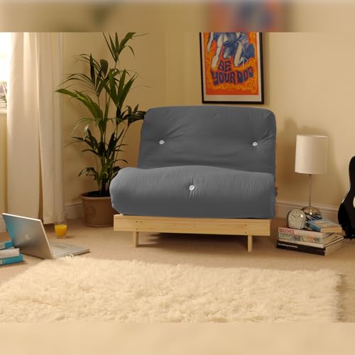 Comfy Living 3ft LUXURY Single (90cm) Wooden Futon Set with PREMIUM LUXURY Grey Mattress