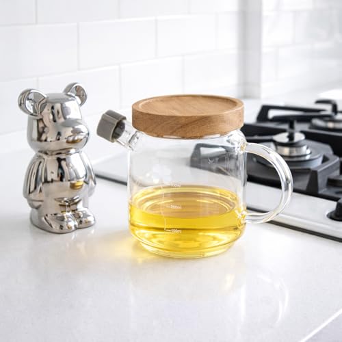 Eden & Willow Glass Olive Oil Bottle, Vinegar Cruet Bottle with Non-Drip Spout – Kitchen Cooking Oil Dispenser Drizzler with Acacia Wooden Lid and Handle (350ml, 1pcs)