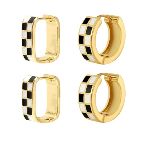 2 Pairs 18K Gold Plated Stainless Steel Filled Enamel, Checkered Earrings,Racing Earrings,Dainty Checkered Hoop Earrings，Black And White Checkered，Chunky Oval Hoops
