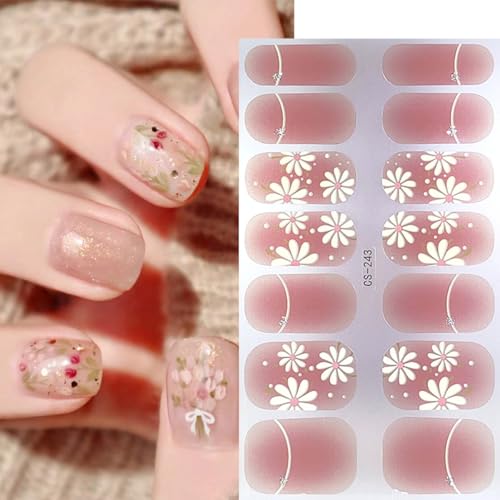 6 Sheets Spring Gel Nail Strips Self-Adhesive Flowers Gel Nail Stickers Cherry Blossom Floral Summer Design Gels Nail Polish Supplies Glitter Full Wrap Gels Nails Strips Stickers for Acrylic Manicure