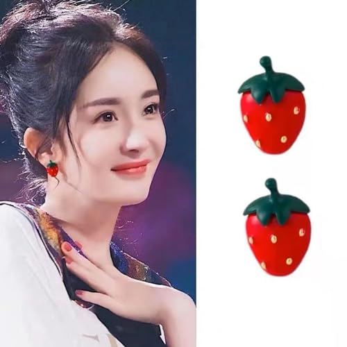 Image of Cute Strawberry Stud Earrings Fruits Small Stud Earrings Red Enamel Lifelike Strawberry Earrings Summer Birthday Jewelry Gifts for Girls