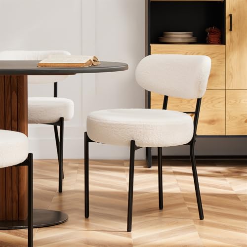 Dining Chairs Set of 2, Mid Century Modern Boucle Upholstered Kitchen Chair with Curved Backrest & Metal Legs for Home/Living Room/Bedroom/Office-White - Thumbnail 7