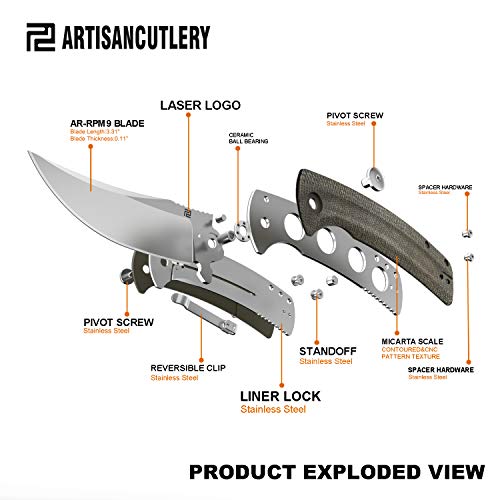 Artisancutlery Folding Knife Arroyo (Atz-1845) Ar-Rpm9 Powder Steel Balde Micarta Tactical Handle Pocket Folding Knife Edc Od Green Micarta #TOP2