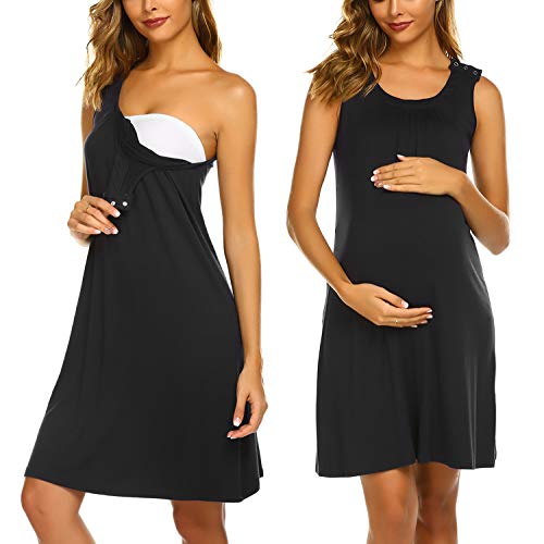 Ekouaer Nursing Dress,Maternity Nightgown Women’s Delivery Labor Breastfeeding Sleep Dress Black