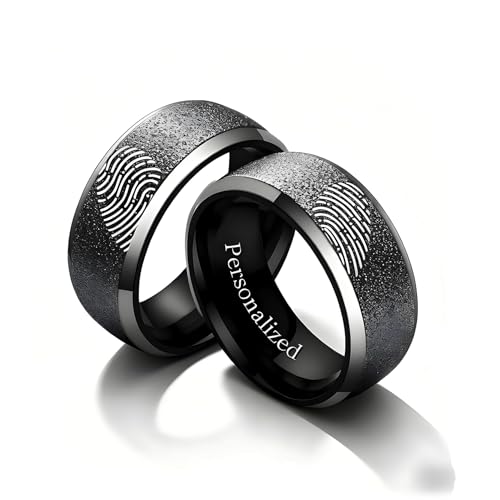 Ihanskio Anillo personalizado para pareja, corazón a juego en el interior, puede grabar, anillos de boda personalizados, oro negro, titanio, acero, 6 MM (Negro-8mm/8mm, 1 PAIR)