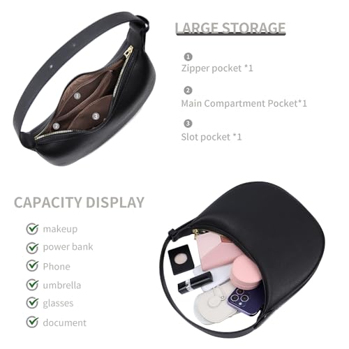 YYW Women Shoulder Bag Fashion Handbag Adjustable Crescent CrossBody Bag Underarm Purse PU Clutch with Zipper (Black) - Thumbnail 6