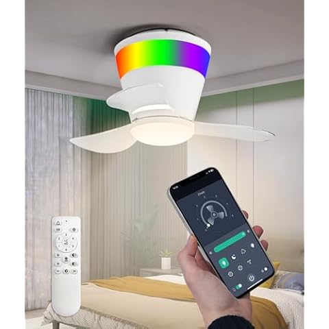 Benss Ceiling Fans with Lights Remote/APP Control, 21" Low Profile Ceiling Fans with Tri-Color Temperatures Dimmable LED Lights+ RGB Ring Lights, for Kids Room Bedroom Living Room Party, White Cover