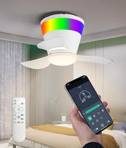 Benss Ceiling Fans with Lights Remote/APP Control, 21' Low Profile Ceiling Fans with Tri-Color Temperatures Dimmable LED Lights+ RGB Ring Lights, for Kids Room Bedroom Living Room Party, White