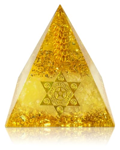 Image of Healing Crystals Orgone Pyramid (Hexagram - Star of David) - Energy Generator for Positive Vibe, Stress Relief & Chakra Reiki Meditation - Spiritual Gift for Success, Wealth & Prosperity (Golden)
