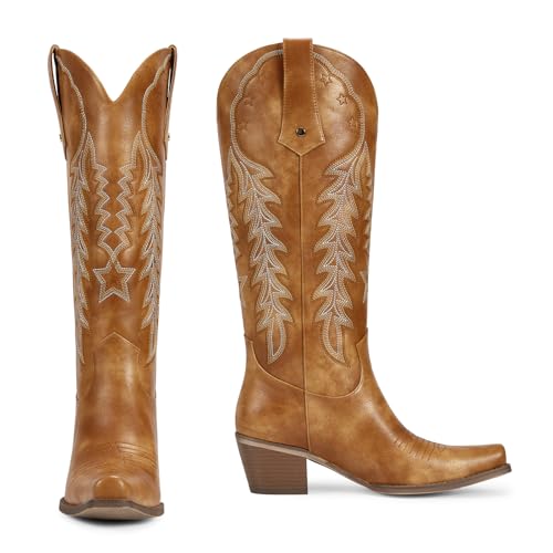 Image of wetkiss Cowboy Boots Womens Knee High Cowgirl Boots Embroidered Pointed Toe | Cowgirl Boots, Retro Embroidery, Block Heel, Stable and Comfortable, Pull-On, Style for a Classic Vintage Western Look