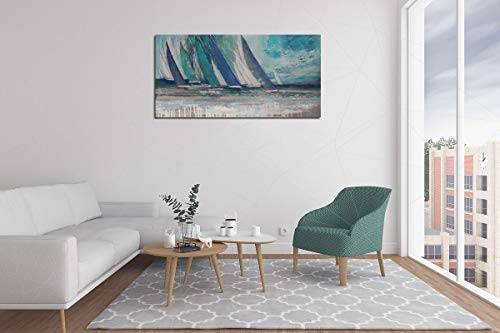 Arjun Blue Abstract Wall Art Canvas for Living Room Teal Ocean Sailboat Textured Bedroom Picture Modern Turquoise Coastal Nautical Painting Framed Artwork Home Office Wall Decor, Extra Large 58"x29" - Image 4