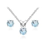 B. BRILLIANT Necklace and Earring Sets for Women Sterling Silver 5mm Round Solitaire Dainty Short Genuine Blue Topaz Pendant & Stud Earrings Jewelry for Bridesmaids