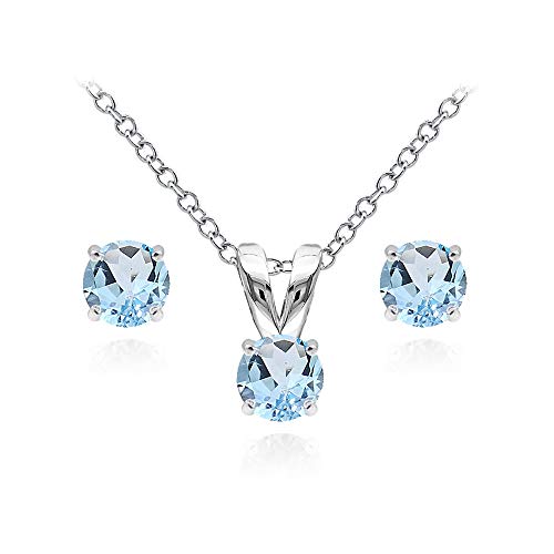 B. BRILLIANT Necklace and Earring Sets for Women Sterling Silver 5mm Round Solitaire Dainty Short Genuine Blue Topaz Pendant & Stud Earrings Jewelry for Bridesmaids