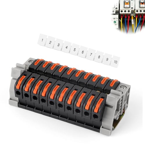 WJUAN 1 juego de 10 Clemas Electricas, con Riel de 10 cm, Negro Rango de Cableado, Empalmes Cables Electricos 0,5–2,5 mm², Conector Rapido, para Cableado y Conversión de Circuitos