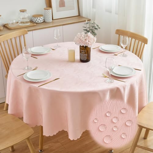 SPRICA Round Jacquard Tablecloth 160cm Water Resistant Solid Colour Heavy Weight Soft Table Cover, Machine Washable, Round 160cm, Powder Pink