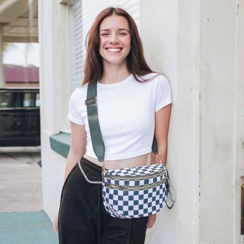 Image of Checkered Crossbody Bum Bags for Women, Nylon Sling Bags with Shoulder Strap, Large Capacity Checkered Purse Bag