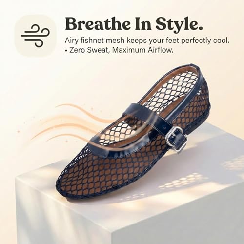 Image of EMMA NEW YORK Mesh Ballet Flats for Women, Mary Jane Mesh Ballet Flats Shoes for Women with Buckle Strap