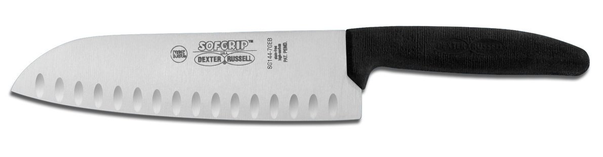 Dexter-Russell SofGrip Santoku Knife, 7-In Duo-Edge High-Carbon Steel Blade, Hollow-Ground Ovals for Smooth Cutting, Soft Non-Slip Black Rubber Handle, USA Made, NSF Certified