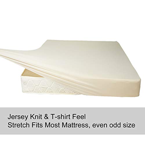 Image of Soft Stretch Queen Size Fitted Sheet Only - Jersey Knit & Cozy T-Shirt Like, 4-Way Stretchy Snug Fit & Wrinkle Free, No More Slipping Mattress Sheets - Creamy Beige, Queen