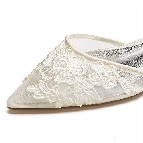 Charmstep Womens Pointed Toe Bridal Ballet Flats Ankle Strap Satin Mesh Lace Flowers Flat Wedding Dress Shoes 5047A-24