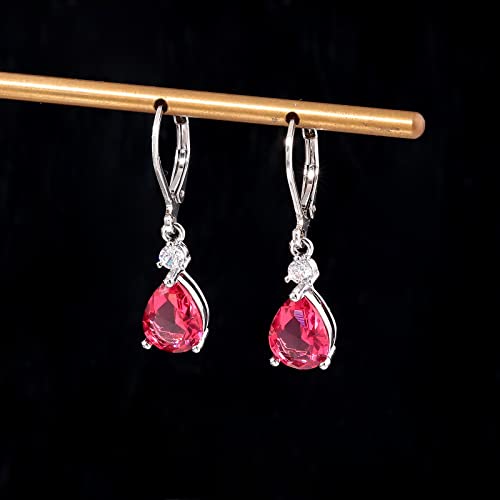 Cinily Leverback Dangle Earrings For Women Girls 14K White Gold Plated Drop Earrings Red Cubic Zircon Fashion Teardrop Hoop Earrings Hypoallergenic Jewelry Gifts For Sensitive Ear #TOP3