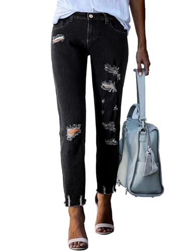 Sidefeel Black Jeans for Women Distressed Boyfriend Straight Leg Ripped