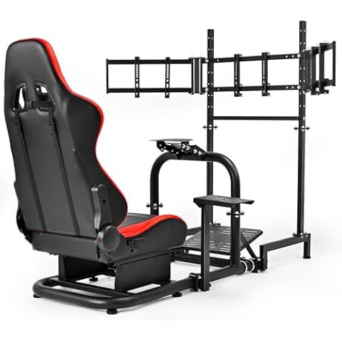 Dardoo Racing Simulator Cockpit Vertical Bracket with Triple Monitor Stand and Red Seat Fit for Logitech/Thrustmaster/Fanatec G29 G920 G923 T300RS CSL-DD Cover